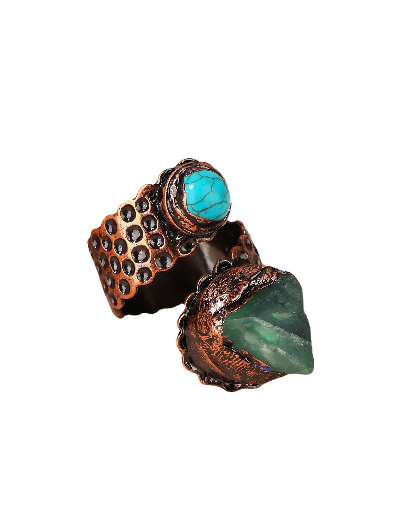 Green Fluorite Stone Turquoise Adjustable Ring Healing Crystal Gemstone Bronze Plated Double-headed Handmade Jewelry