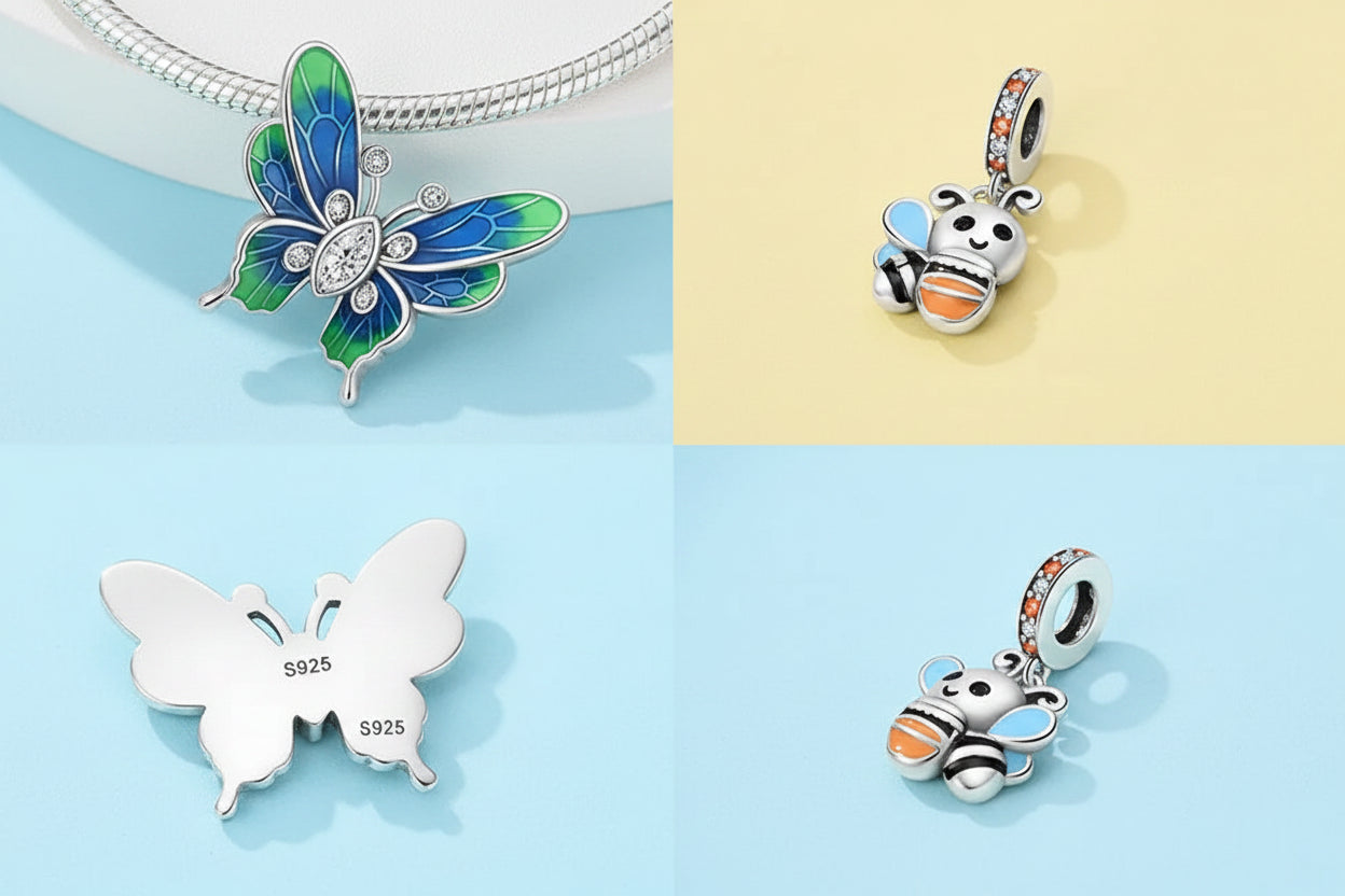 Charms Plants & Insects Flower Bee Butterfly Beads Bracelet Pendant Set Fine 925 Sterling Silver Jewelry Gift Box For Women