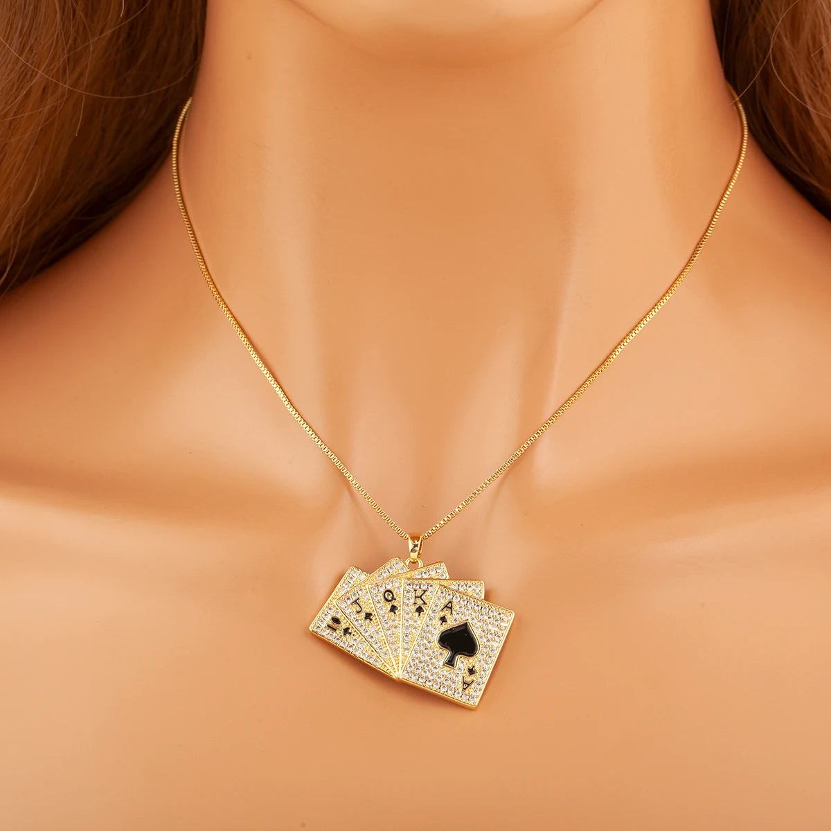 Gold Poker Playing Cards Pendant Necklace with Crystal Zircon