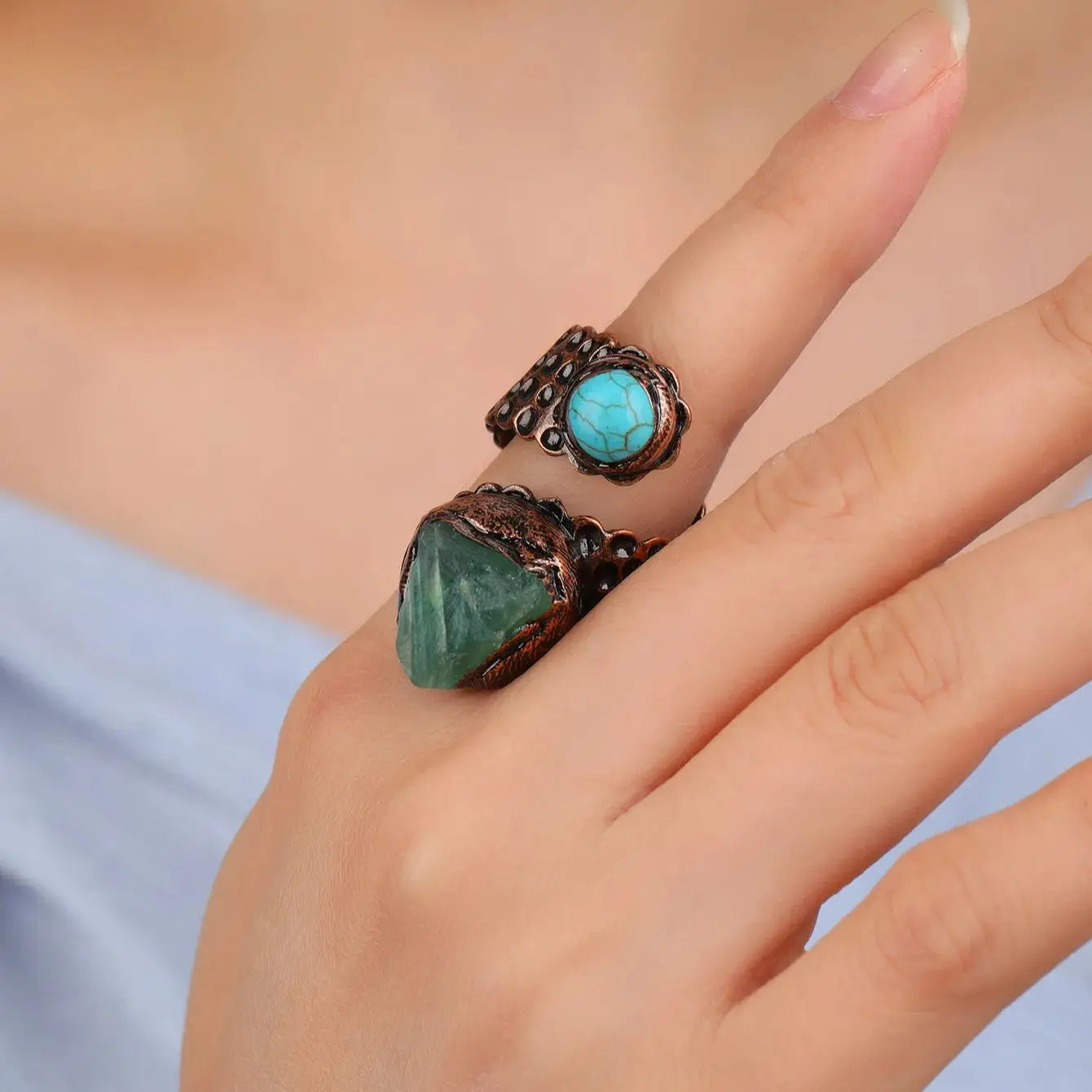 Green Fluorite Stone Turquoise Adjustable Ring Healing Crystal Gemstone Bronze Plated Double-headed Handmade Jewelry