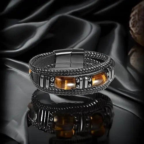 Tiger Eye Black Leather Bracelet Men Natural Gemstone Crystal Stone Jewelry Handmade Courage Protection Bracelet