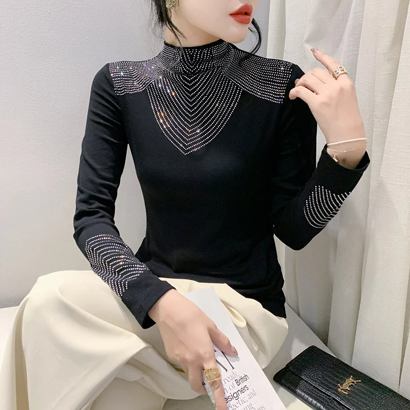 Fall Winter European Clothes T-Shirt Chic Sexy Turtleneck Shiny Diamonds Women Tops Long Sleeve Bottoming Shirt Tees 311051