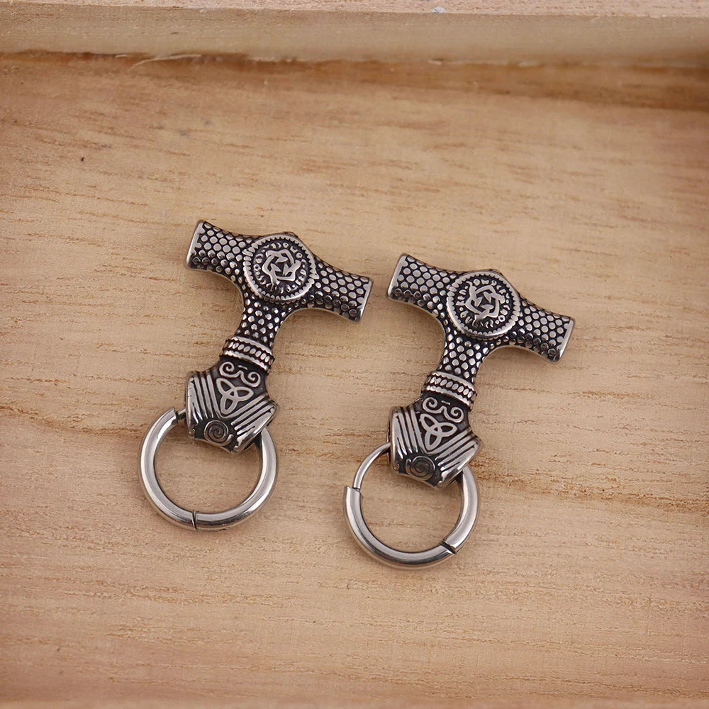 Stainless Steel Men's Thor's Hammer Viking Earrings Vintage Nordic Celtic Knot Rune Drop Earring Hip-hop Biker Jewelry Wholesale