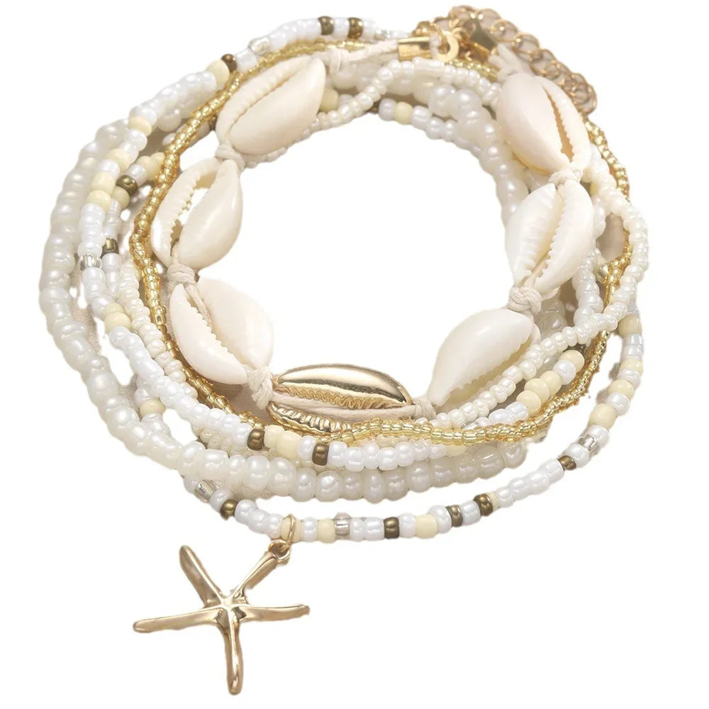 Fashion Summer Beach Starfish Shell Charm Rice Bead Anklet Set For Women