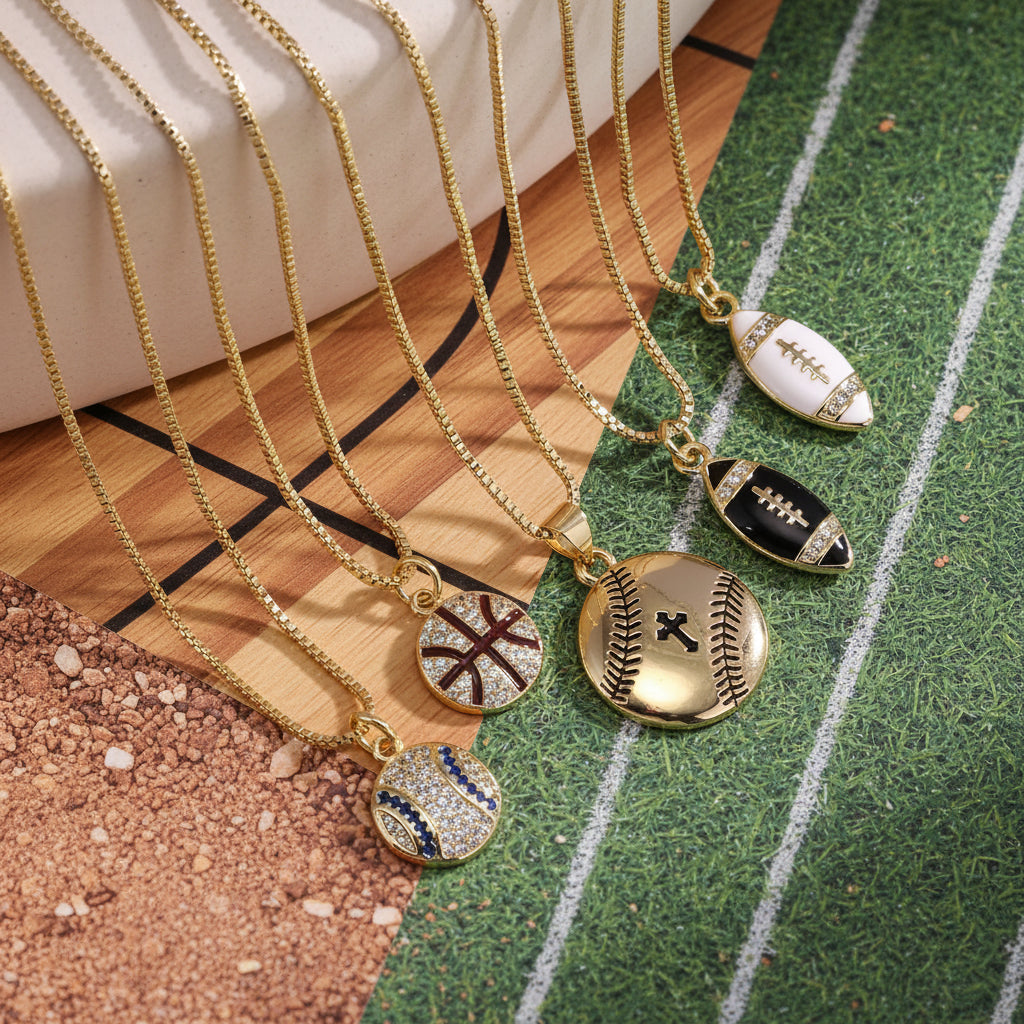 Sport Ball Cross Charm Pendant Necklace with Zircon – Baseball, Basketball & Rugby