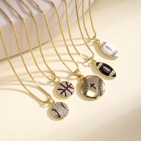 Sport Ball Cross Charm Pendant Necklace with Zircon – Baseball, Basketball & Rugby