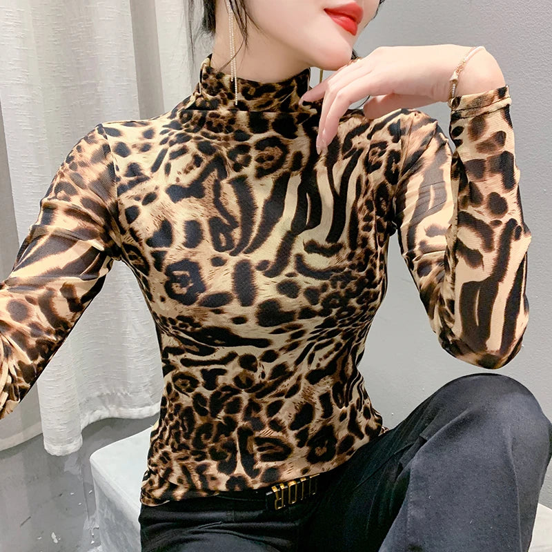 Fall Winter European Clothes Office T-Shirt Fashion Sexy Turtleneck Print Leopard Women's Tops Long Sleeve Tees 39217