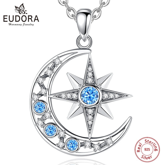 Eudora 925 Sterling Silver Crescent Moon Necklace for Women Fine North Star Moon Pendant personality Jewelry Party Gift with Box