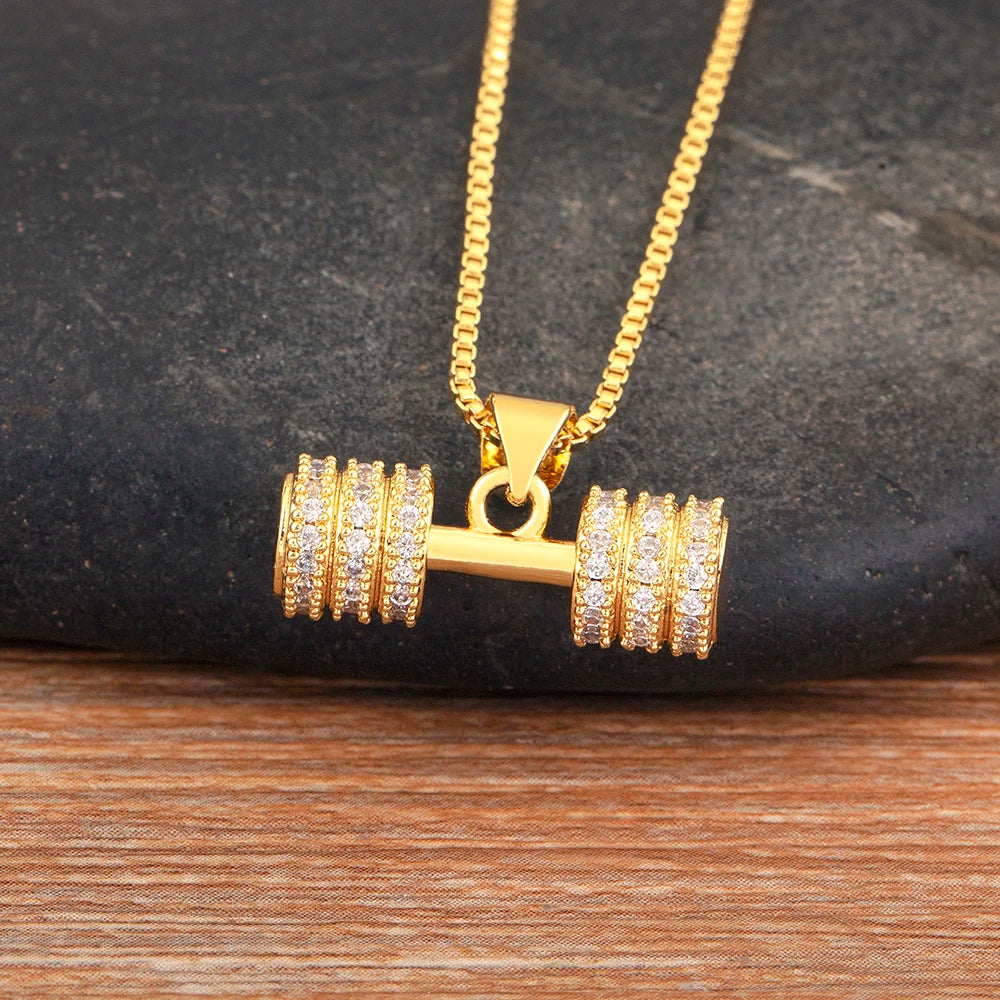 Gold Dumbbell Charm Pendant Necklace with Crystal Zircon