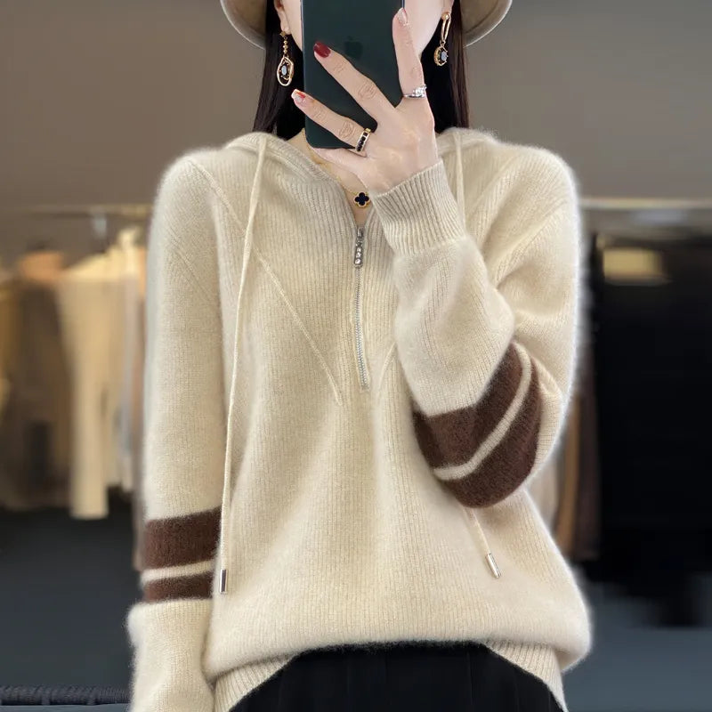 Autumn and Winter New Women's Cashmere Sweater 100% Wool Hoodie Knitted Pullover Loose Korean Fashion Thickened Top