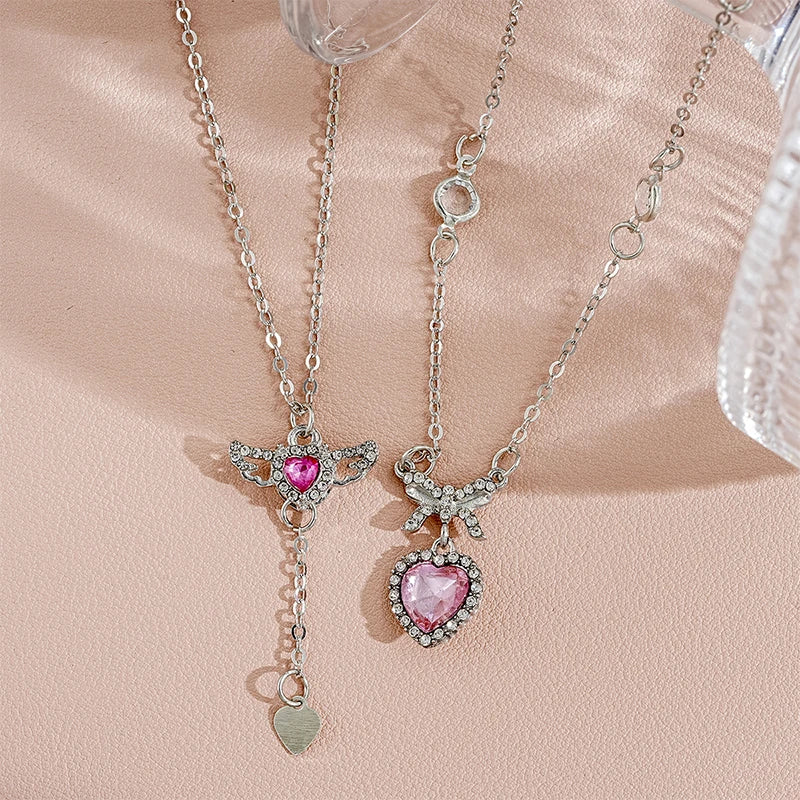 2PCS Crystal Angel Wings Heart Pendant Necklaces Set Ladies Girl Simple Y2K Pink White Zircon Love Elegant Necklace For Women