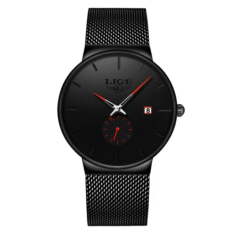 LIGE Men's Fashion Slim Quartz Watch | Mesh Steel Band | Waterproof | Auto Date
