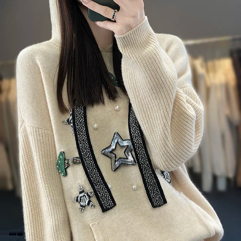 Autumn/Winter New Women's 100% Wool Cashmere Sweater Casual Thickened Hooded Collar Pullover Loose Korean Knitted Top