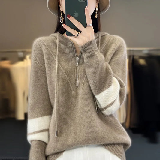 Autumn and Winter New Women's Cashmere Sweater 100% Wool Hoodie Knitted Pullover Loose Korean Fashion Thickened Top