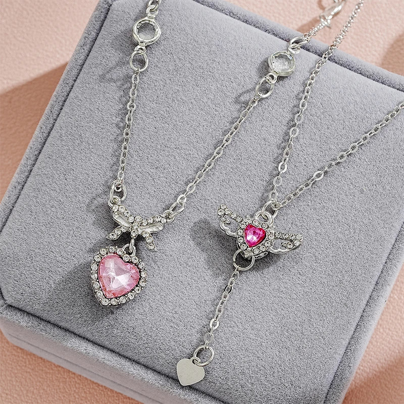 2PCS Crystal Angel Wings Heart Pendant Necklaces Set Ladies Girl Simple Y2K Pink White Zircon Love Elegant Necklace For Women