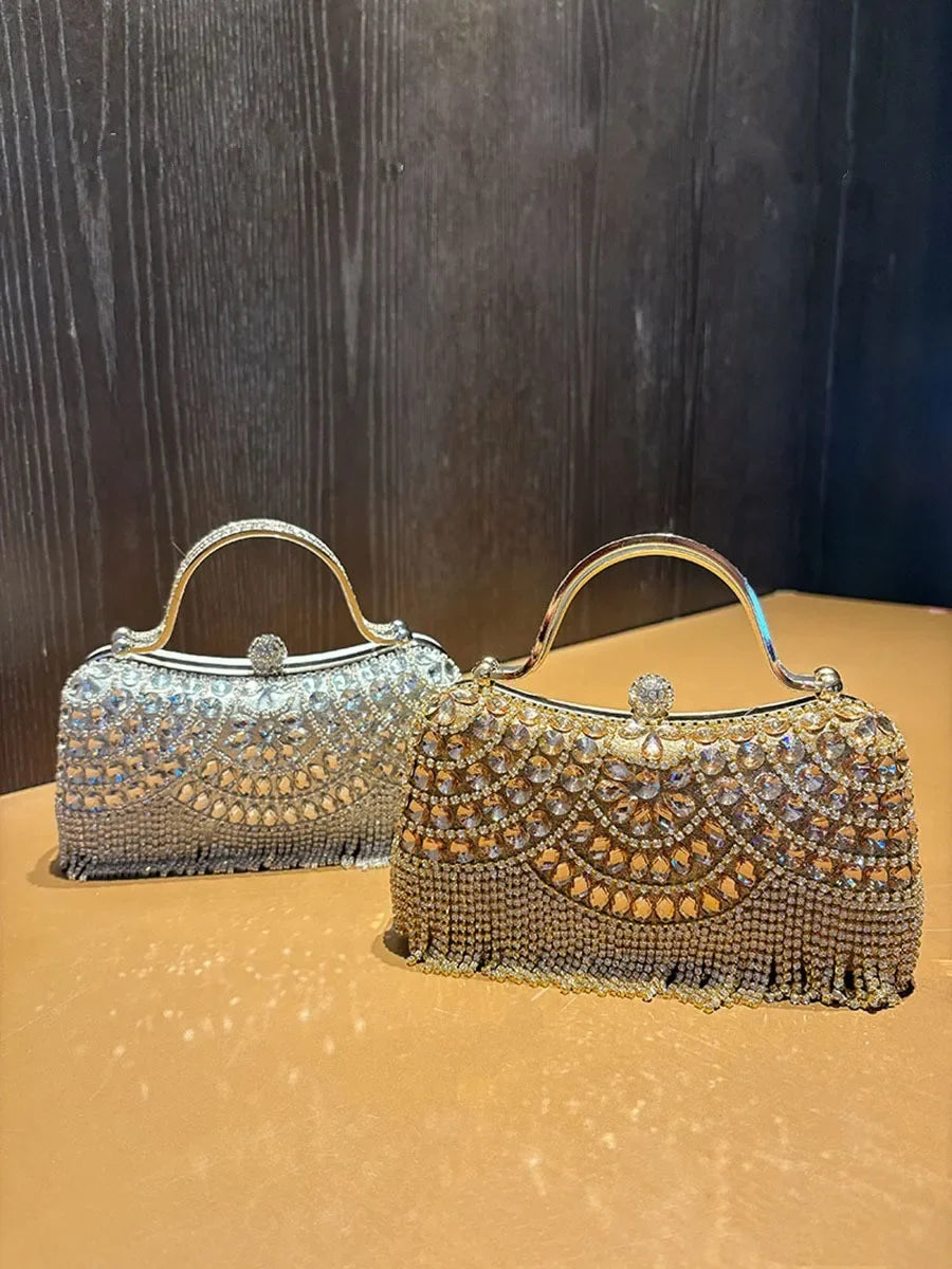 Women's Rhinestone Evening Clutch Bag | Metallic Frame Purse for Wedding & Party