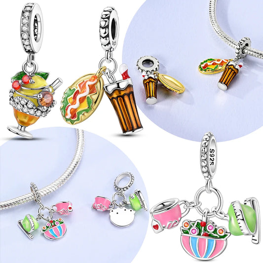925 Silver Charms Original Hot Dog Coke Apple Pink Flowers Beads Fit Bracelet Jewelry Women Diy Friend Gift Accessories