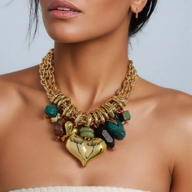 Statement Multi-layer Beaded Necklace Love Pendant for Women Girl Trendy Party Jewelry