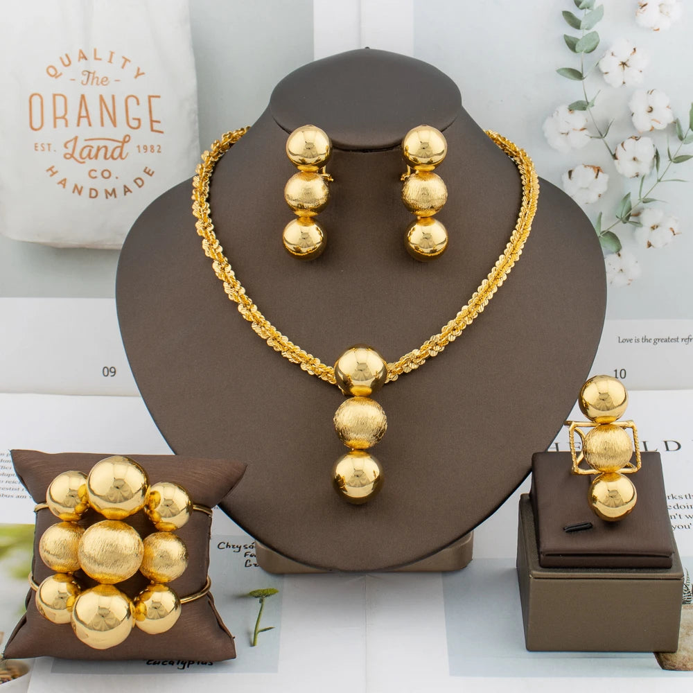 Luxury Gold Color Jewelry Set Nine Beads Cuff Bracelet Earrings Necklace African Dubai Drop Earrings Ring Fashion Italy Jewelry