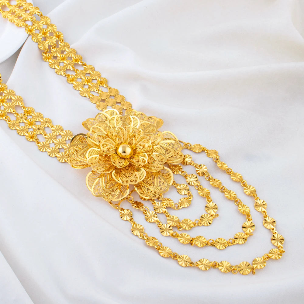 24K Gold Plated Double Layer Flower Tassel Necklace & Earrings Set | Dubai African Bridal Jewelry