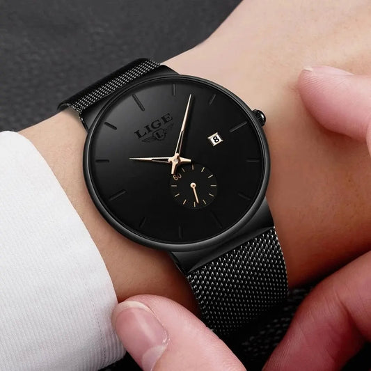 LIGE Men's Fashion Slim Quartz Watch | Mesh Steel Band | Waterproof | Auto Date