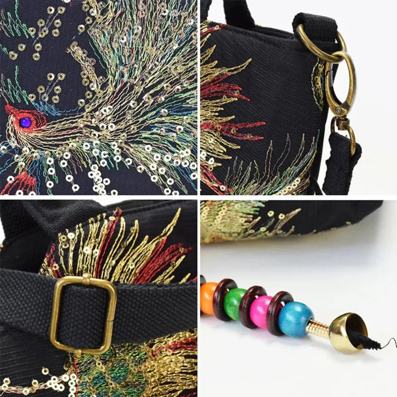 Ethnic Style Sequins Tote Bag, Peacock Embroidery Handbags, Vintage Canvas Crossbody Bag