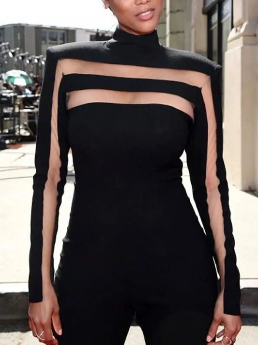 Fashion Sexy Mesh Split-Joint High Neck T-Shirts Long Sleeves Solid Color