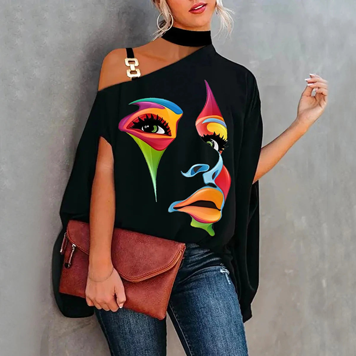 Female Stylish Face Printed Asymmetric One Shoulder Tunic Tops Loose Casual Black T-Shirts For Women