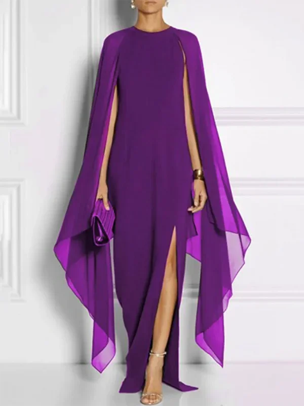 Elegant Cape Sleeves Purple Evening Dresses Solid Color Split-side Party Banquet Dress