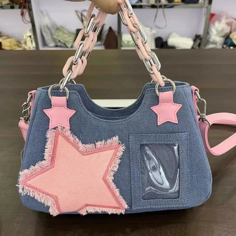 Women's Korean Denim Star Tote Bag – Chain Shoulder & Crossbody Handbag
