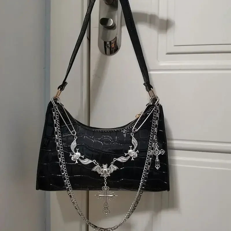 Y2K Gothic Skull Chain Shoulder Bag for Women | Punk Baguette Handbag | Black, Green, Pink, Red