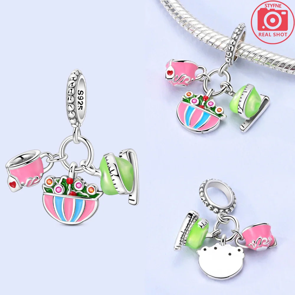 925 Silver Charms Original Hot Dog Coke Apple Pink Flowers Beads Fit Bracelet Jewelry Women Diy Friend Gift Accessories