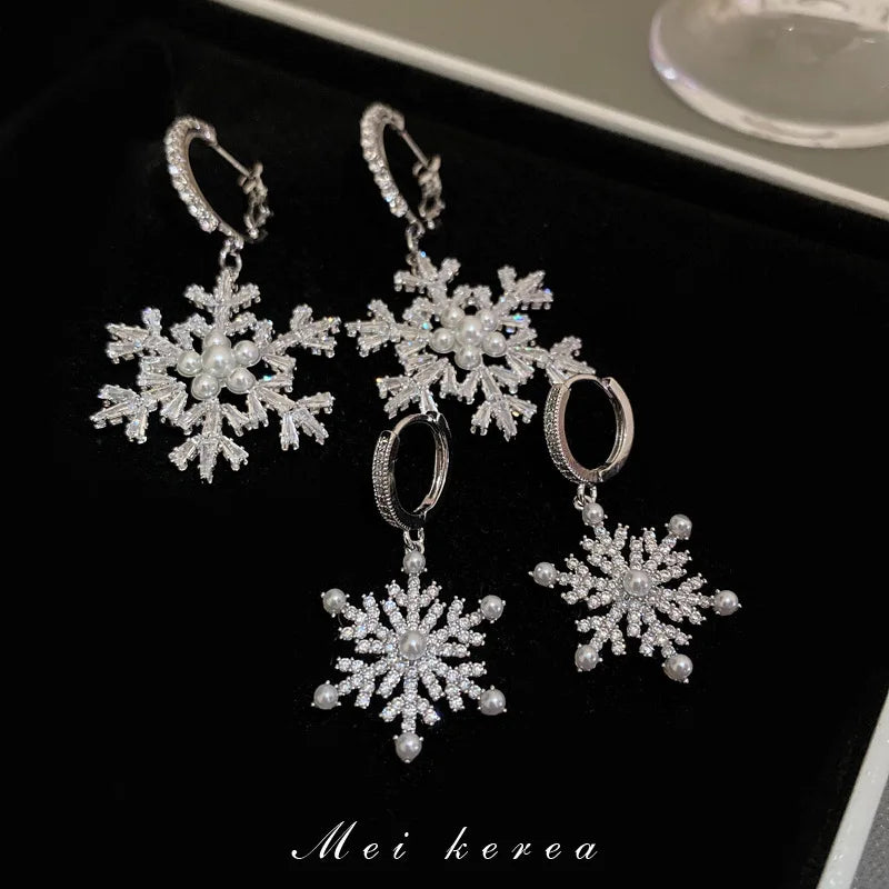 Silver Needle Zirconia Snowflake Pearl Drop Earrings For Women Christmas New Year Jewelry Earrings Gifts Party