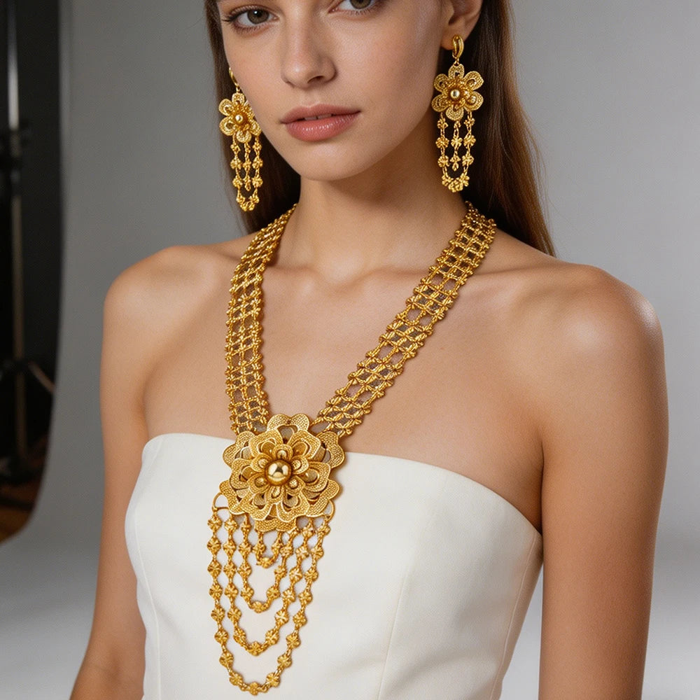 24K Gold Plated Double Layer Flower Tassel Necklace & Earrings Set | Dubai African Bridal Jewelry