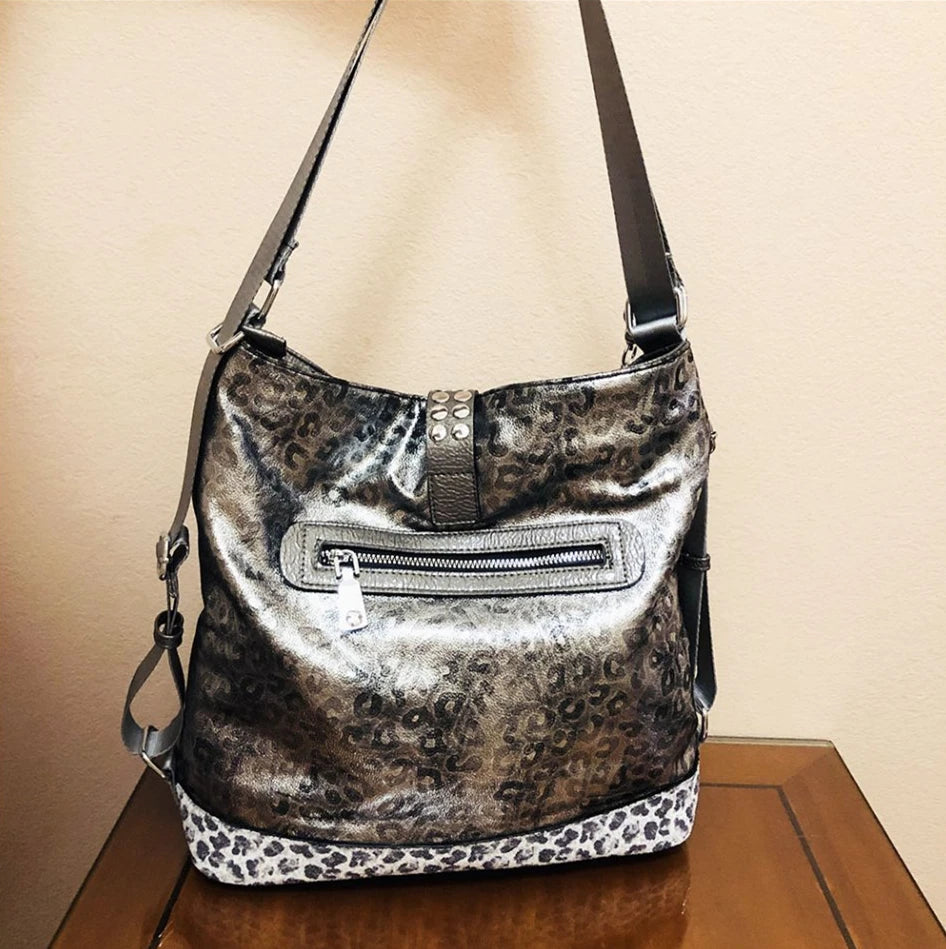 Female Vintage High Quality Vegan Leather Big Capacity Slouchy Hobo Bag Luxury Design Leopard Convertible Backpack Pouch Bag