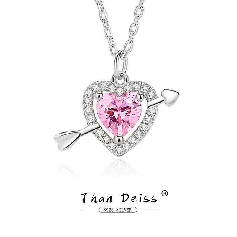 Silver 925 LOVE Necklace Women Cupid's Arrow Fairy Design Light Luxury Pink Zircon Diamond Charm Heart Shaped Pendent 45cm Chain