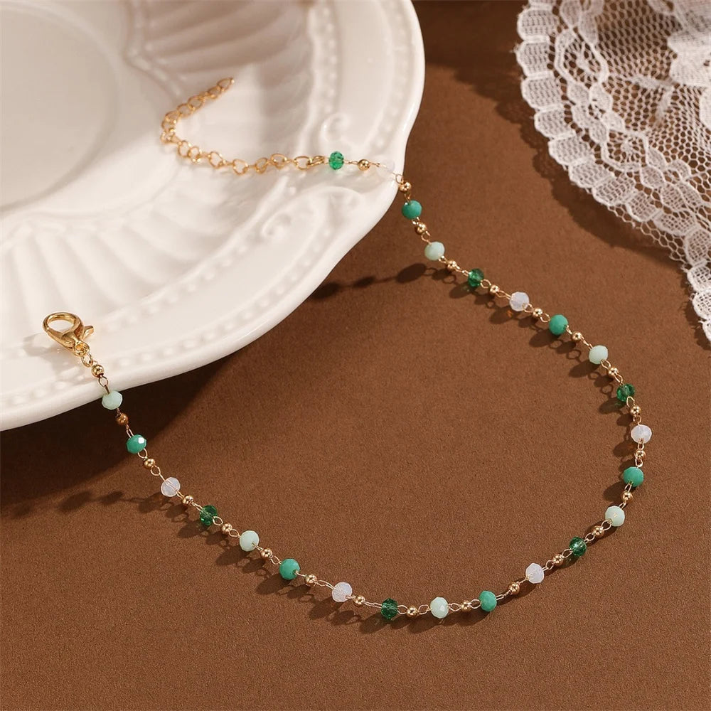 Bohemian Green Bead Stone Anklet for Women | Summer Beach Leg Chain