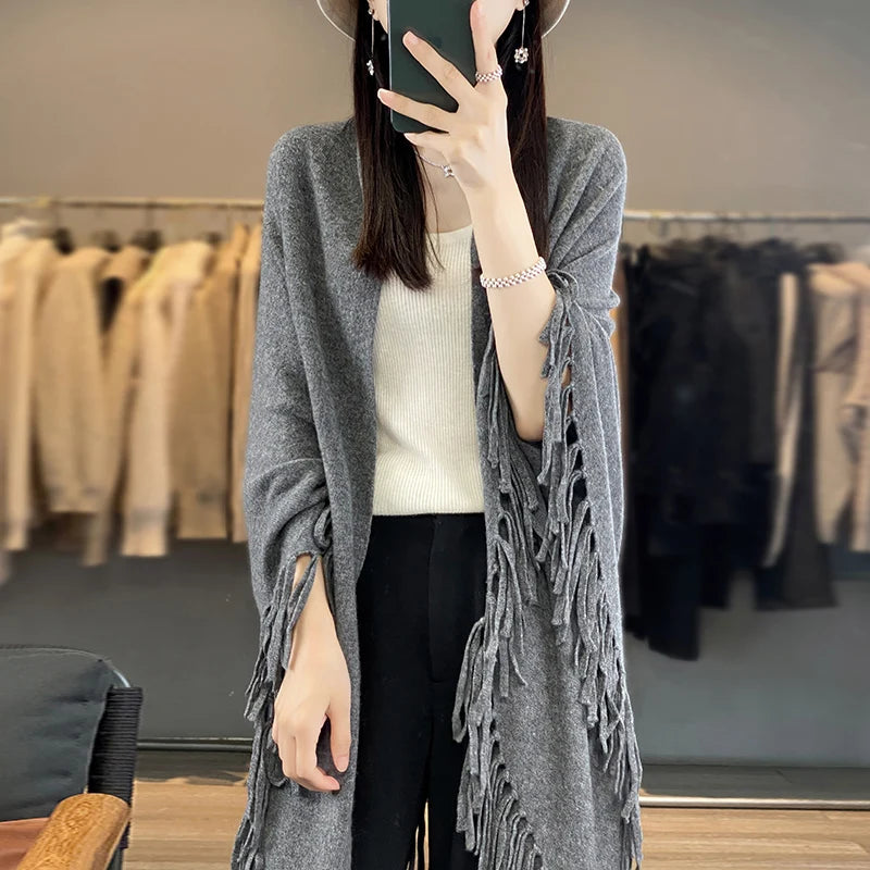 Knitted Cashmere Cardigan 100% Wool Sweater Women's Autumn/Winter New Solid Color Jacket Loose Korean Fashion Knitted Wool Shawl