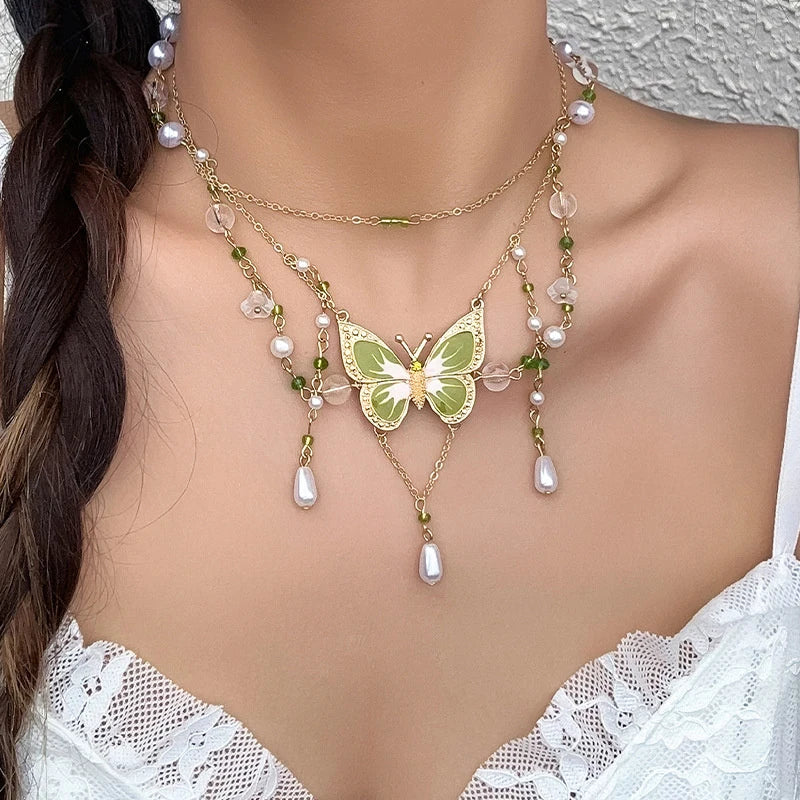 Green Butterfly Necklace Asymmetric Butterfly Choker Fairycore Necklace