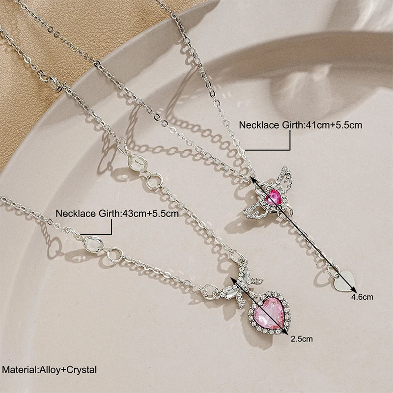 2PCS Crystal Angel Wings Heart Pendant Necklaces Set Ladies Girl Simple Y2K Pink White Zircon Love Elegant Necklace For Women