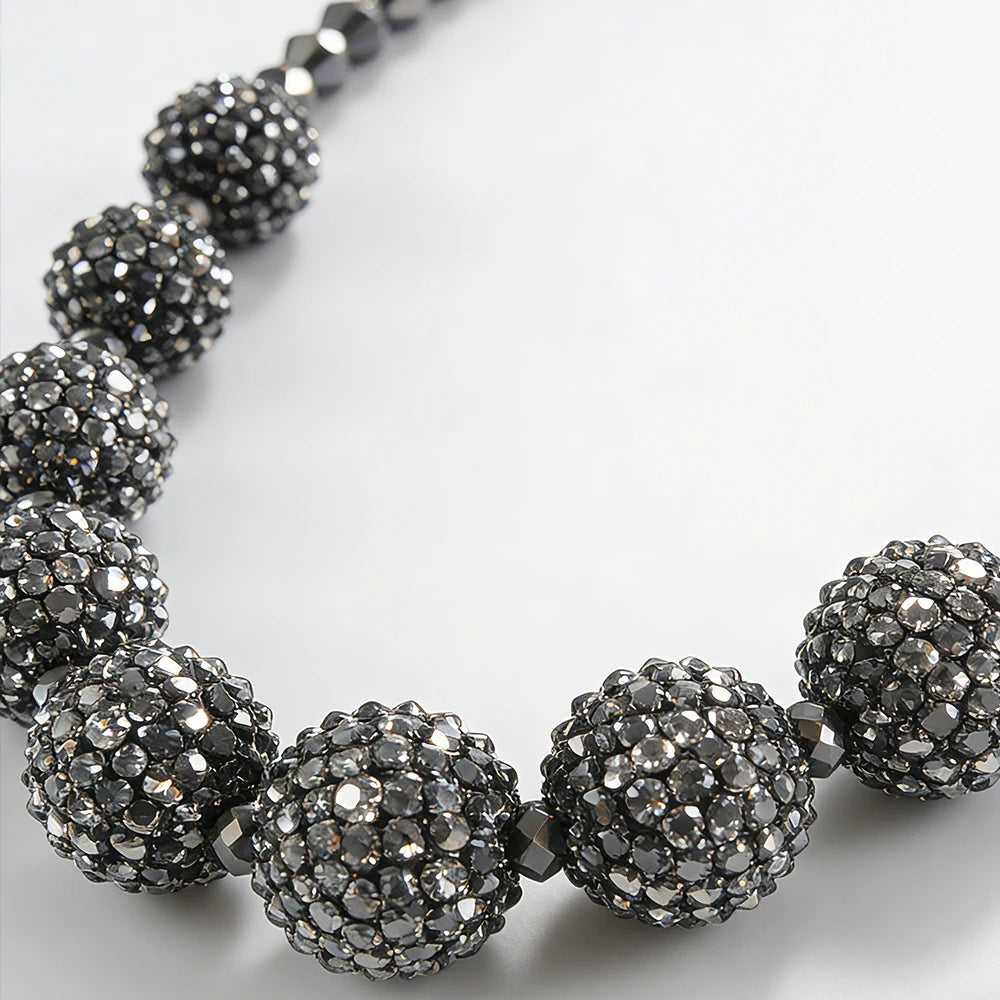 3-Piece Gunmetal Crystal Ball Jewelry Set - Chunky Paved Shamballa Ball Necklace, Drop Earrings & Bracelet - Sparkling Formal