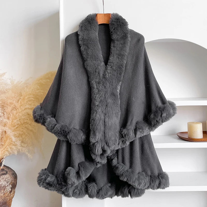 Winter New Thicken Mink Wool Full Trims Faux Fur Cape - Women's Hooded Loose Fleece Cloak Coat for Party Dress Wraps Warm