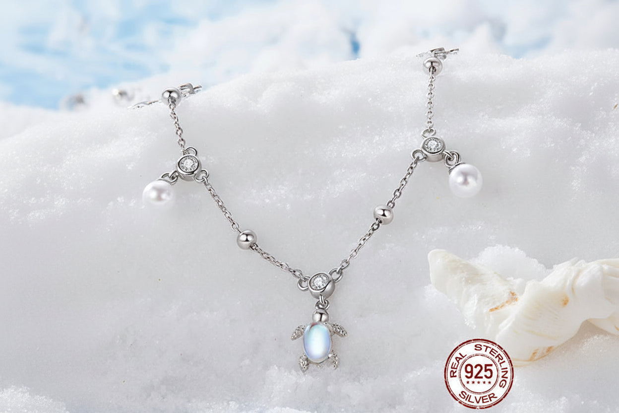 Sterling Silver Turtle Charm Anklet for Women | Stars, Pearls & Sea Turtle | 925 Silver Beach Anklet