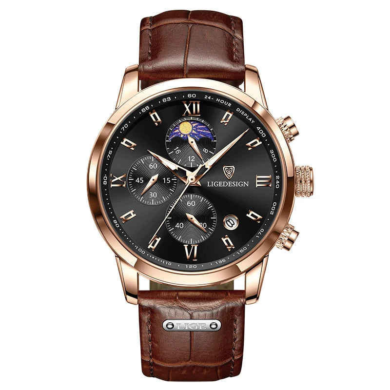 LIGE Men's Luxury Chronograph Watch | Moon Phase | Leather Band | Quartz Movement