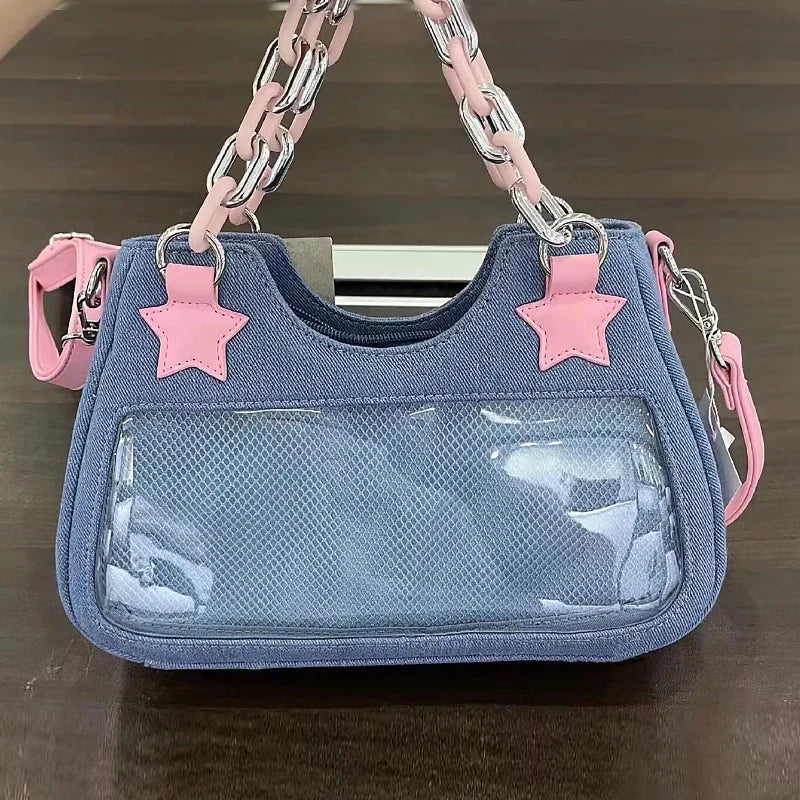 Women's Korean Denim Star Tote Bag – Chain Shoulder & Crossbody Handbag