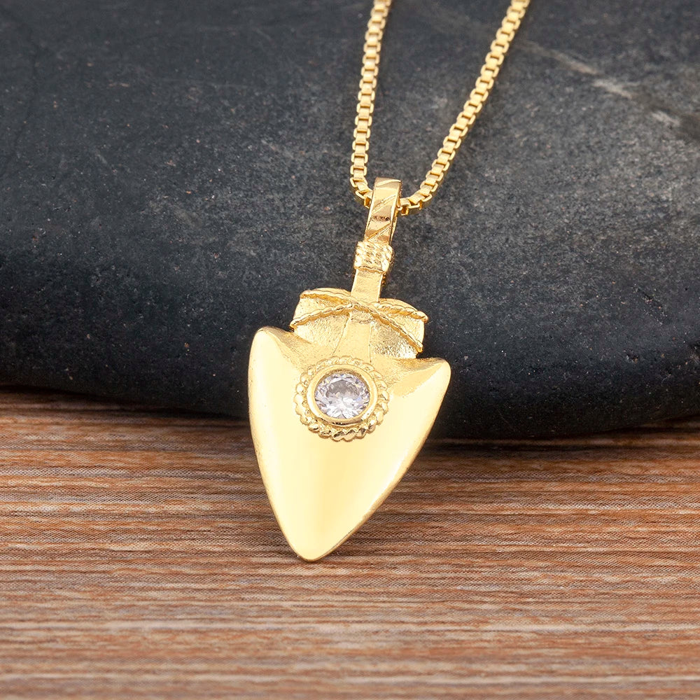 Gold Shovel Charm Pendant Necklace with Crystal Zircon