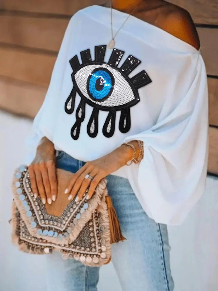 Female Fashion Causal Blue Eye Applique Cool Shoulder T-Shirts New Loose Long Puff Sleeves White Tops For Women