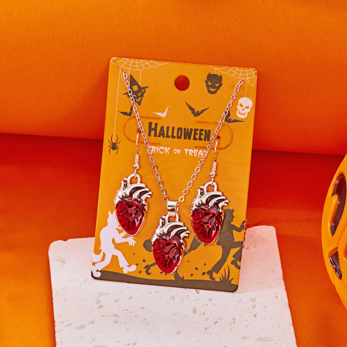 Red Anatomical Heart Necklace & Earring Set