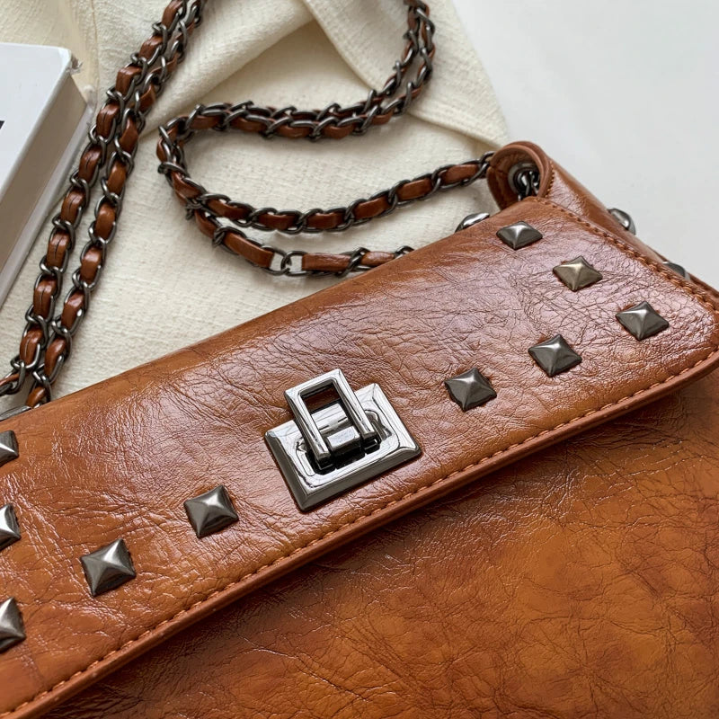 Punk Studded Envelope Shoulder Bag for Women | Rivet Chain Crossbody Handbag | Black & Chocolate
