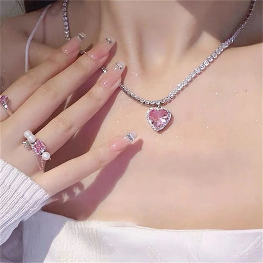 Pink Crystal Heart Pendant Necklace